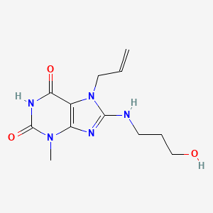 molecular formula C12H17N5O3 B2664975 7-烯丙基-8-((3-羟基丙基)氨基)-3-甲基-1H-嘧啶-2,6(3H,7H)-二酮 CAS No. 300835-82-9