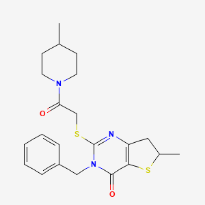 molecular formula C22H27N3O2S2 B2664993 3-Benzyl-6-methyl-2-[2-(4-methylpiperidin-1-yl)-2-oxoethyl]sulfanyl-6,7-dihydrothieno[3,2-d]pyrimidin-4-one CAS No. 689262-61-1