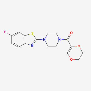 molecular formula C16H16FN3O3S B2665000 (5,6-二氢-1,4-二氧杂环戊二烯-2-基)(4-(6-氟苯并[d]噻唑-2-基)哌嗪-1-基)甲酮 CAS No. 897472-54-7