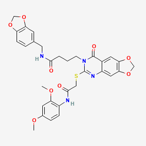 molecular formula C31H30N4O9S B2665012 N-(1,3-苯并二氧杂环[5,4-g]喹唑-7(8H)-基)-4-(6-({2-[(2,4-二甲氧基苯基)氨基]-2-氧代乙基}硫)-8-氧代[1,3]二氧杂环[4,5-g]喹唑-7(8H)-基)丁酰胺 CAS No. 688060-36-8
