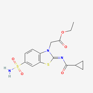 molecular formula C15H17N3O5S2 B2665114 (Z)-ethyl 2-(2-((cyclopropanecarbonyl)imino)-6-sulfamoylbenzo[d]thiazol-3(2H)-yl)acetate CAS No. 865248-10-8