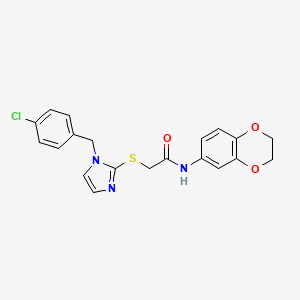 molecular formula C20H18ClN3O3S B2665212 2-[1-[(4-chlorophenyl)methyl]imidazol-2-yl]sulfanyl-N-(2,3-dihydro-1,4-benzodioxin-6-yl)acetamide CAS No. 869346-81-6