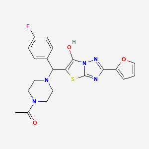 molecular formula C21H20FN5O3S B2665224 1-(4-((4-Fluorophenyl)(2-(furan-2-yl)-6-hydroxythiazolo[3,2-b][1,2,4]triazol-5-yl)methyl)piperazin-1-yl)ethanone CAS No. 887222-28-8