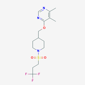 molecular formula C15H22F3N3O3S B2665254 4,5-Dimethyl-6-((1-((3,3,3-trifluoropropyl)sulfonyl)piperidin-4-yl)methoxy)pyrimidine CAS No. 2320665-18-5