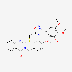 molecular formula C28H26N4O6S B2665256 3-(4-methoxybenzyl)-2-(((3-(3,4,5-trimethoxyphenyl)-1,2,4-oxadiazol-5-yl)methyl)thio)quinazolin-4(3H)-one CAS No. 2034515-71-2