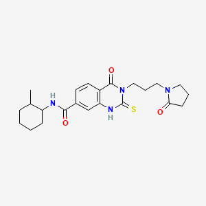 molecular formula C23H30N4O3S B2665265 N-(2-甲基环己基)-4-氧代-3-(3-(2-氧代吡咯啉-1-基)丙基)-2-硫代-1,2,3,4-四氢喹唑啉-7-甲酰胺 CAS No. 443349-79-9