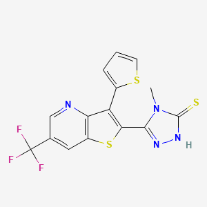 molecular formula C15H9F3N4S3 B2665317 4-methyl-5-[3-(2-thienyl)-6-(trifluoromethyl)thieno[3,2-b]pyridin-2-yl]-4H-1,2,4-triazol-3-ylhydrosulfide CAS No. 477854-06-1