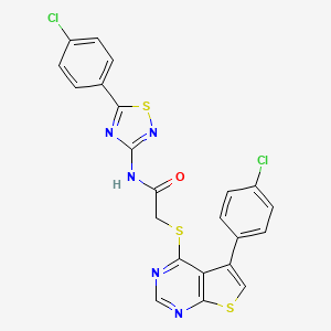 molecular formula C22H13Cl2N5OS3 B2665339 N-[5-(4-chlorophenyl)-1,2,4-thiadiazol-3-yl]-2-[5-(4-chlorophenyl)thieno[2,3-d]pyrimidin-4-yl]sulfanylacetamide CAS No. 690960-75-9