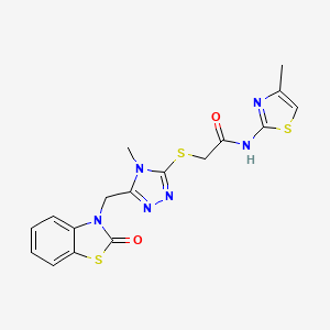 molecular formula C17H16N6O2S3 B2665563 2-((4-methyl-5-((2-oxobenzo[d]thiazol-3(2H)-yl)methyl)-4H-1,2,4-triazol-3-yl)thio)-N-(4-methylthiazol-2-yl)acetamide CAS No. 847400-71-9