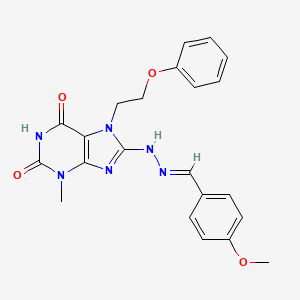 molecular formula C22H22N6O4 B2665630 (E)-8-(2-(4-methoxybenzylidene)hydrazinyl)-3-methyl-7-(2-phenoxyethyl)-1H-purine-2,6(3H,7H)-dione CAS No. 682776-60-9