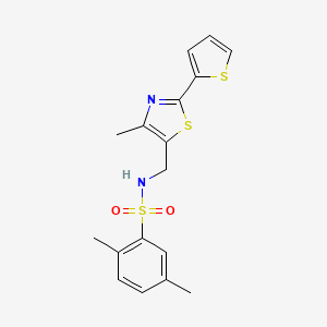 molecular formula C17H18N2O2S3 B2665684 2,5-dimethyl-N-((4-methyl-2-(thiophen-2-yl)thiazol-5-yl)methyl)benzenesulfonamide CAS No. 1396845-61-6