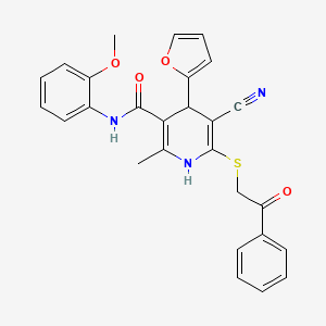 molecular formula C27H23N3O4S B2665760 5-cyano-4-(furan-2-yl)-N-(2-methoxyphenyl)-2-methyl-6-[(2-oxo-2-phenylethyl)sulfanyl]-1,4-dihydropyridine-3-carboxamide CAS No. 207003-81-4