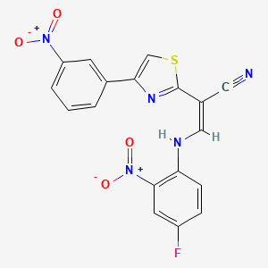 molecular formula C18H10FN5O4S B2665766 (Z)-3-((4-fluoro-2-nitrophenyl)amino)-2-(4-(3-nitrophenyl)thiazol-2-yl)acrylonitrile CAS No. 477298-38-7