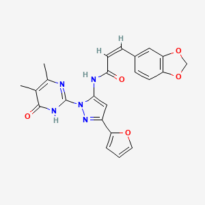 molecular formula C23H19N5O5 B2665770 (Z)-3-(benzo[d][1,3]dioxol-5-yl)-N-(1-(4,5-dimethyl-6-oxo-1,6-dihydropyrimidin-2-yl)-3-(furan-2-yl)-1H-pyrazol-5-yl)acrylamide CAS No. 1173433-40-3