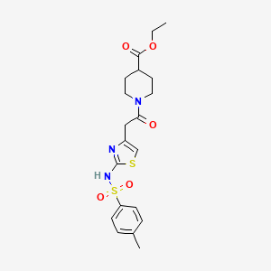 molecular formula C20H25N3O5S2 B2665782 Ethyl 1-(2-(2-(4-methylphenylsulfonamido)thiazol-4-yl)acetyl)piperidine-4-carboxylate CAS No. 922100-37-6