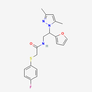 molecular formula C19H20FN3O2S B2665827 N-(2-(3,5-dimethyl-1H-pyrazol-1-yl)-2-(furan-2-yl)ethyl)-2-((4-fluorophenyl)thio)acetamide CAS No. 2191216-56-3
