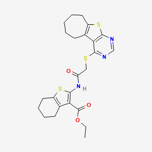 molecular formula C24H27N3O3S3 B2665860 乙酸2-(2-((6,7,8,9-四氢-5H-环庚[4,5]噻吩[2,3-d]嘧啶-4-基)硫)乙酰胺基)-4,5,6,7-四氢苯并[b]噻吩-3-羧酸酯 CAS No. 690642-50-3