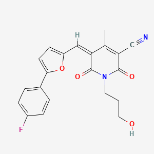 molecular formula C21H17FN2O4 B2665879 (5Z)-5-{[5-(4-fluorophenyl)furan-2-yl]methylidene}-1-(3-hydroxypropyl)-4-methyl-2,6-dioxo-1,2,5,6-tetrahydropyridine-3-carbonitrile CAS No. 879929-86-9