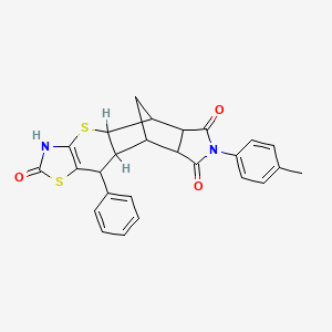 molecular formula C26H22N2O3S2 B2665884 7-(4-Methylphenyl)-10-phenyl-3,4a,5,5a,8a,9,9a,10-octahydro-5,9-methano[1,3]thiazolo[5',4':5,6]thiopyrano[2,3-f]isoindole-2,6,8-trione CAS No. 1212189-53-1