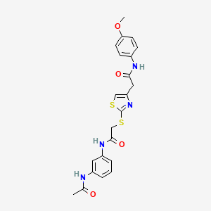 molecular formula C22H22N4O4S2 B2665889 N-(3-acetamidophenyl)-2-((4-(2-((4-methoxyphenyl)amino)-2-oxoethyl)thiazol-2-yl)thio)acetamide CAS No. 954040-18-7