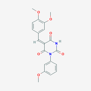 molecular formula C20H18N2O6 B2665913 (5E)-5-[(3,4-dimethoxyphenyl)methylidene]-1-(3-methoxyphenyl)-1,3-diazinane-2,4,6-trione CAS No. 314054-43-8