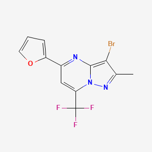 molecular formula C12H7BrF3N3O B2666011 3-Bromo-5-(furan-2-yl)-2-methyl-7-(trifluoromethyl)pyrazolo[1,5-a]pyrimidine CAS No. 675188-61-1