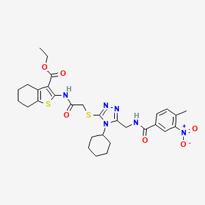 molecular formula C30H36N6O6S2 B2666054 ethyl 2-(2-((4-cyclohexyl-5-((4-methyl-3-nitrobenzamido)methyl)-4H-1,2,4-triazol-3-yl)thio)acetamido)-4,5,6,7-tetrahydrobenzo[b]thiophene-3-carboxylate CAS No. 393850-12-9