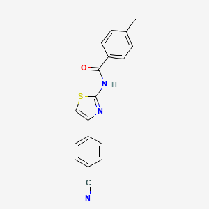 molecular formula C18H13N3OS B2666118 N-(4-(4-氰基苯基)噻唑-2-基)-4-甲基苯田酰胺 CAS No. 303797-02-6