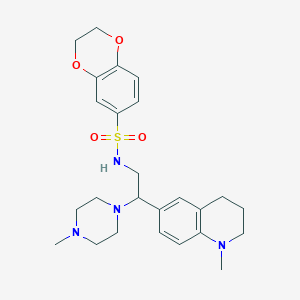 molecular formula C25H34N4O4S B2666142 N-(2-(1-甲基-1,2,3,4-四氢喹啉-6-基)-2-(4-甲基哌嗪-1-基)乙基)-2,3-二氢苯并[b][1,4]二氧杂环己烷-6-磺酰胺 CAS No. 946346-93-6