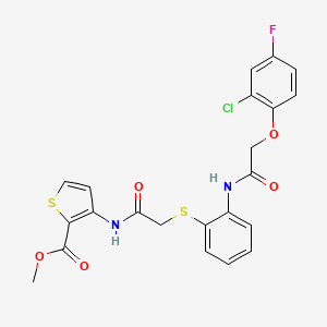 molecular formula C22H18ClFN2O5S2 B2666203 Methyl 3-({2-[(2-{[2-(2-chloro-4-fluorophenoxy)acetyl]amino}phenyl)sulfanyl]acetyl}amino)-2-thiophenecarboxylate CAS No. 866038-88-2