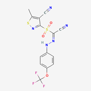 molecular formula C14H8F3N5O3S2 B2666215 (1Z)-1-[(4-cyano-5-methyl-1,2-thiazol-3-yl)sulfonyl]-N-[4-(trifluoromethoxy)anilino]methanimidoyl cyanide CAS No. 337928-31-1