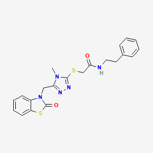 molecular formula C21H21N5O2S2 B2666242 2-((4-methyl-5-((2-oxobenzo[d]thiazol-3(2H)-yl)methyl)-4H-1,2,4-triazol-3-yl)thio)-N-phenethylacetamide CAS No. 847400-66-2