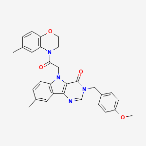 molecular formula C30H28N4O4 B2666288 3-(4-methoxybenzyl)-8-methyl-5-(2-(6-methyl-2H-benzo[b][1,4]oxazin-4(3H)-yl)-2-oxoethyl)-3H-pyrimido[5,4-b]indol-4(5H)-one CAS No. 1185115-68-7