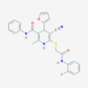 molecular formula C26H21FN4O3S B266631 5-cyano-6-({2-[(2-fluorophenyl)amino]-2-oxoethyl}sulfanyl)-4-(furan-2-yl)-2-methyl-N-phenyl-1,4-dihydropyridine-3-carboxamide 
