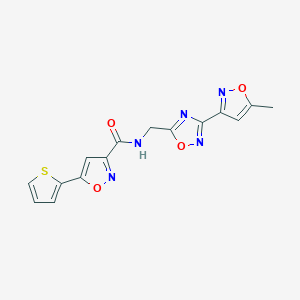 molecular formula C15H11N5O4S B2666317 N-((3-(5-methylisoxazol-3-yl)-1,2,4-oxadiazol-5-yl)methyl)-5-(thiophen-2-yl)isoxazole-3-carboxamide CAS No. 2034288-14-5
