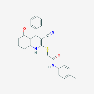 molecular formula C27H27N3O2S B266632 2-{[3-cyano-4-(4-methylphenyl)-5-oxo-1,4,5,6,7,8-hexahydro-2-quinolinyl]sulfanyl}-N-(4-ethylphenyl)acetamide 