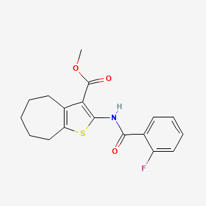 molecular formula C18H18FNO3S B2666329 Methyl 2-(2-fluorobenzamido)-5,6,7,8-tetrahydro-4H-cyclohepta[b]thiophene-3-carboxylate CAS No. 297158-84-0