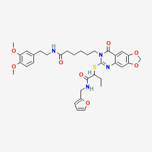 molecular formula C34H40N4O8S B2666332 N-(2-(3,4-二甲氧基苯基)乙基)-6-(6-[(1-{[(2-呋啶基甲基)氨基]羰基}丙基)硫]-8-氧代[1,3]二噁杂环[4,5-g]喹唑并[7(8H)]基)己酰胺 CAS No. 688061-67-8