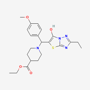 molecular formula C22H28N4O4S B2666339 乙基-1-((2-乙基-6-羟基噻唑并[3,2-b][1,2,4]三唑-5-基)(4-甲氧基苯基)甲基)哌啶-4-甲酸酯 CAS No. 898344-96-2