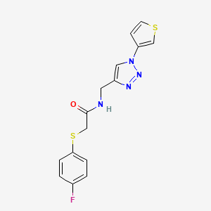 molecular formula C15H13FN4OS2 B2666342 2-((4-fluorophenyl)thio)-N-((1-(thiophen-3-yl)-1H-1,2,3-triazol-4-yl)methyl)acetamide CAS No. 2034584-45-5
