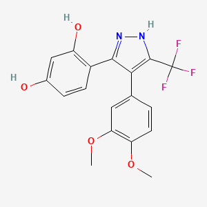 molecular formula C18H15F3N2O4 B2666378 4-(4-(3,4-dimethoxyphenyl)-5-(trifluoromethyl)-1H-pyrazol-3-yl)benzene-1,3-diol CAS No. 1093065-51-0