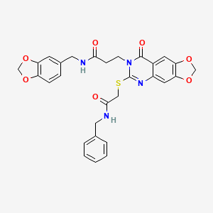 molecular formula C29H26N4O7S B2666382 N-(1,3-苯并二氧杂环[5.5.1]十一烷-5-基甲基)-3-[6-(2-(苄基氨基)-2-氧代乙基)硫代-8-氧代-[1,3]二氧杂环[4,5-g]喹唑-7-基]丙酰胺 CAS No. 896705-86-5