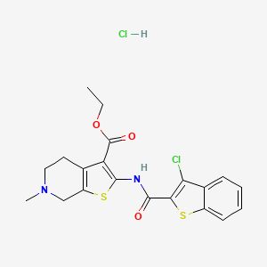 molecular formula C20H20Cl2N2O3S2 B2666390 Ethyl 2-(3-chlorobenzo[b]thiophene-2-carboxamido)-6-methyl-4,5,6,7-tetrahydrothieno[2,3-c]pyridine-3-carboxylate hydrochloride CAS No. 1329937-10-1