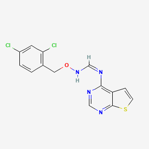 molecular formula C14H10Cl2N4OS B2666437 N-[(2,4-二氯苯基)甲氧基]-N'-噻吩[2,3-d]嘧啶-4-基甲亚胺 CAS No. 477846-36-9