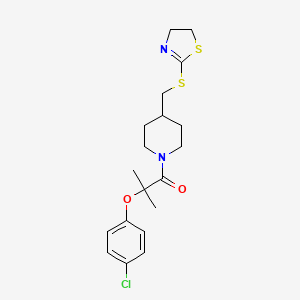 molecular formula C19H25ClN2O2S2 B2666455 2-(4-Chlorophenoxy)-1-(4-(((4,5-dihydrothiazol-2-yl)thio)methyl)piperidin-1-yl)-2-methylpropan-1-one CAS No. 1396856-14-6