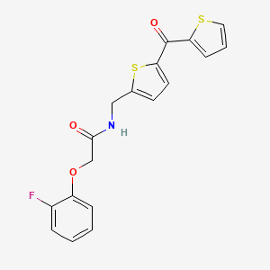 molecular formula C18H14FNO3S2 B2666461 2-(2-氟苯氧基)-N-((5-(噻吩-2-甲酰)噻吩-2-基)甲基)乙酰胺 CAS No. 1421497-13-3
