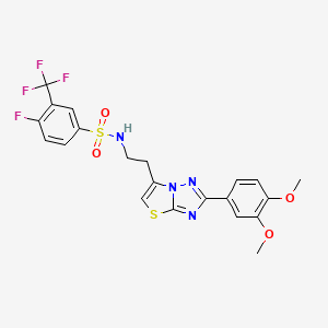 molecular formula C21H18F4N4O4S2 B2666488 N-(2-(2-(3,4-dimethoxyphenyl)thiazolo[3,2-b][1,2,4]triazol-6-yl)ethyl)-4-fluoro-3-(trifluoromethyl)benzenesulfonamide CAS No. 896012-21-8