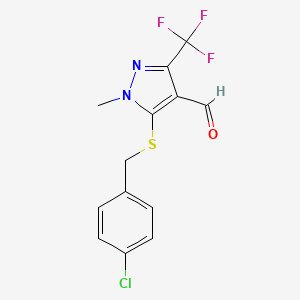 molecular formula C13H10ClF3N2OS B2666501 5-[(4-氯苯甲基)硫代]-1-甲基-3-(三氟甲基)-1H-吡唑-4-甲醛 CAS No. 321553-32-6