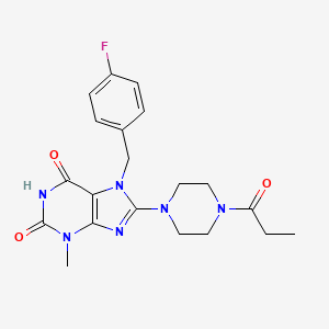 molecular formula C20H23FN6O3 B2666512 7-[(4-fluorophenyl)methyl]-3-methyl-8-(4-propanoylpiperazin-1-yl)-2,3,6,7-tetrahydro-1H-purine-2,6-dione CAS No. 1363820-61-4