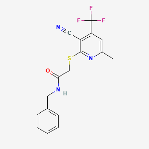 molecular formula C17H14F3N3OS B2666566 N-benzyl-2-{[3-cyano-6-methyl-4-(trifluoromethyl)pyridin-2-yl]sulfanyl}acetamide CAS No. 255909-10-5
